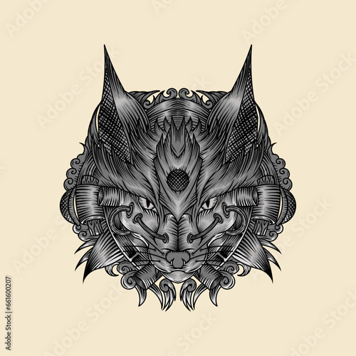 Cyborg cat head vector illustration artwork for t-shirt design