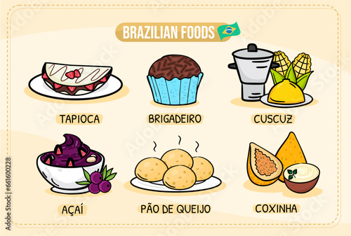 A set of brazilian food with - Couscuz, brigadeiro, tapioca, feijoada, pao de queijo, coxinha, acai