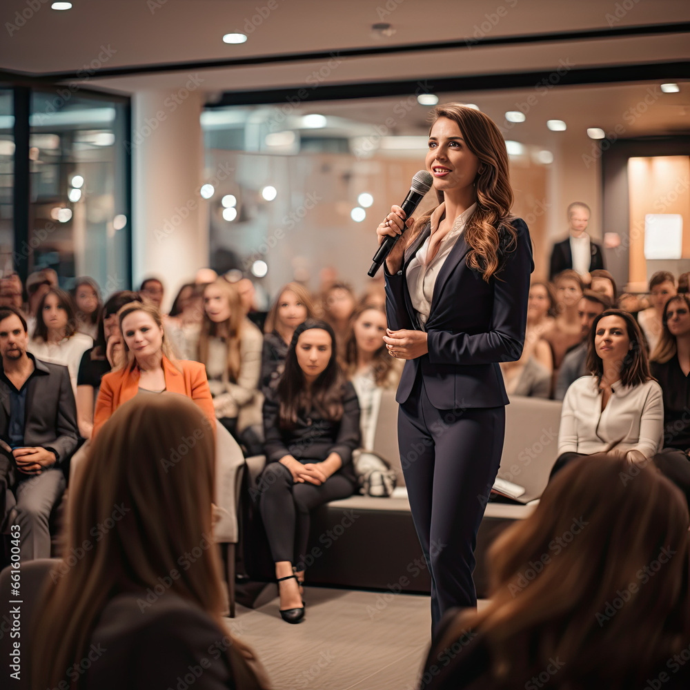 Empowered woman delivering an engaging and dynamic presentation to a female audience. The corporate setting highlights her professionalism and leadership