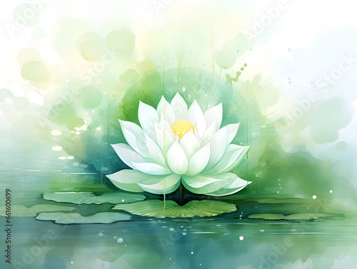 Watercolor illustration of white lotus flower, green abstract background 