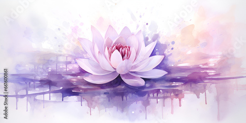 Watercolor illustration of pastel purple lotus flower, abstract background 