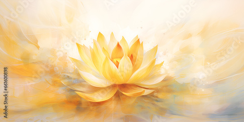 Watercolor illustration of yellow lotus flower, abstract background 