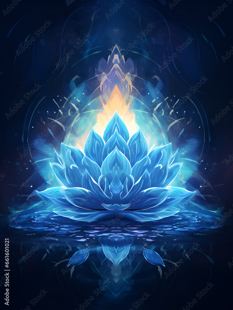 Watercolor illustration background with blue magical abstract lotus flower - obrazy, fototapety, plakaty 