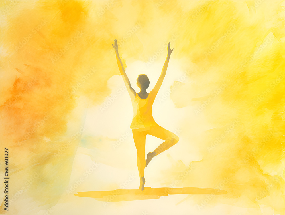 Yellow watercolor abstract background with woman doing yoga 