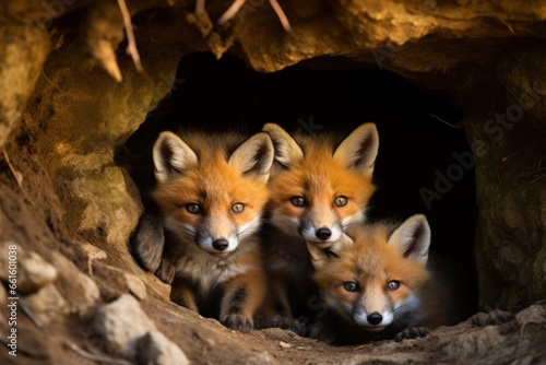 Red fox, vulpes vulpes, cubs sitting by the den © Synaxx