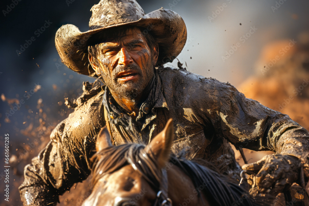 Rugged cowboy fiercely riding a bucking bronco at a rodeo. Rugged cowboy fiercely riding a bucking bronco at a rodeo.