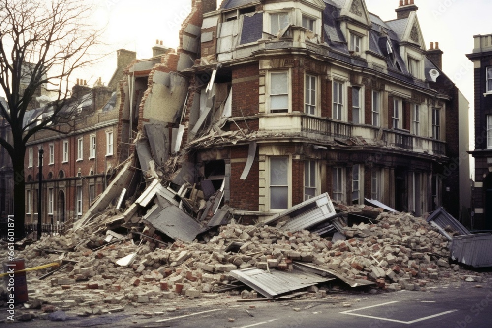 Post-earthquake devastation scene in London. Generative AI