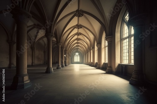 Gothic-style hall with columns. Generative AI