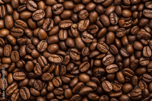 Panorama of artistic coffee banner with seamless pattern texture - aerial shot of roasted coffee beans. Generative AI