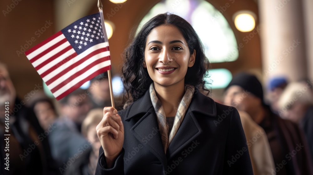 Happy smiling Female immigrant holding a small US flag the day of her naturalization ceremony - obrazy, fototapety, plakaty 
