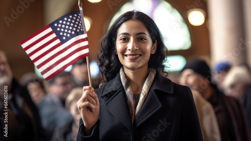 Happy smiling Female immigrant holding a small US flag the day of her naturalization ceremony photo