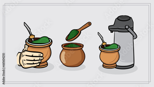 Chimarrao - Traditional mate tea set. Vector ink hand drawn sketch style illustration - Yerba, erva