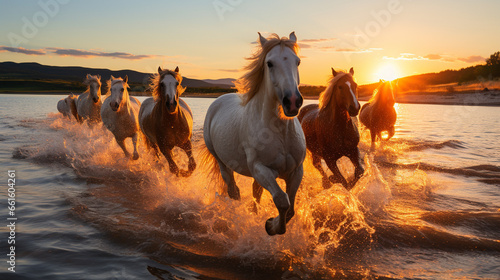 Photo Dynamic Mustang Herd Galloping Against the Golden Sky at Sunset along beautiful sea coast beach landscape with stunning sun light