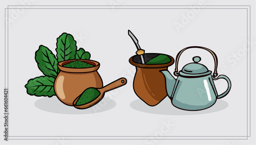 Chimarrao - Traditional mate tea set. Vector ink hand drawn sketch style illustration - Yerba, erva