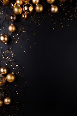 Black vertical background with gold Christmas balls and copy space. New Year, winter holidays.