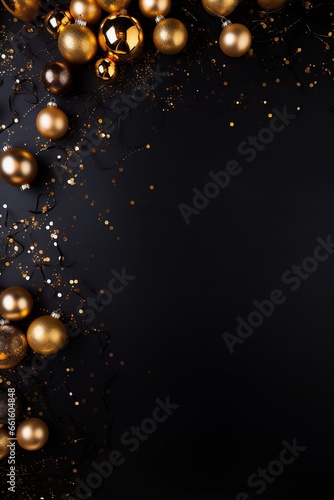 Black vertical background with gold Christmas balls and copy space. New Year, winter holidays.