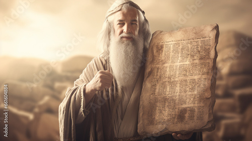Moses holding the Ten Commandments, Biblical characters, blurred background photo
