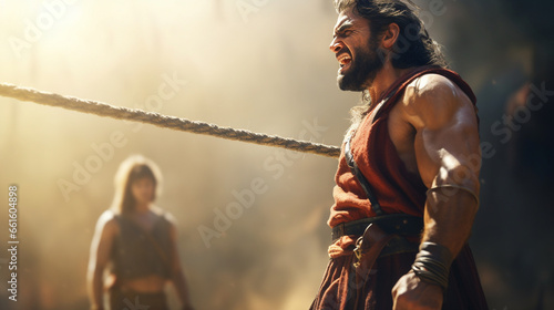David with his sling facing Goliath, Biblical characters, blurred background photo