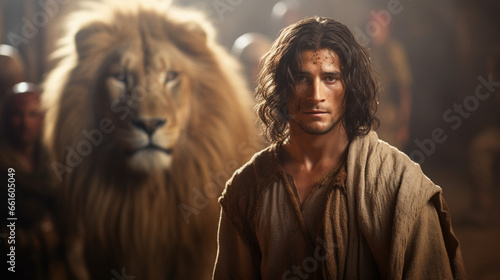 Daniel in the lion's den, Biblical characters, blurred background photo