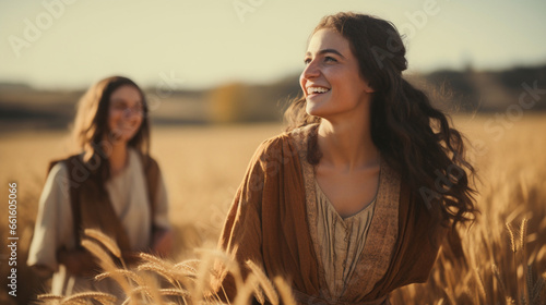 Tela Ruth and Naomi in a field, Biblical characters, blurred background
