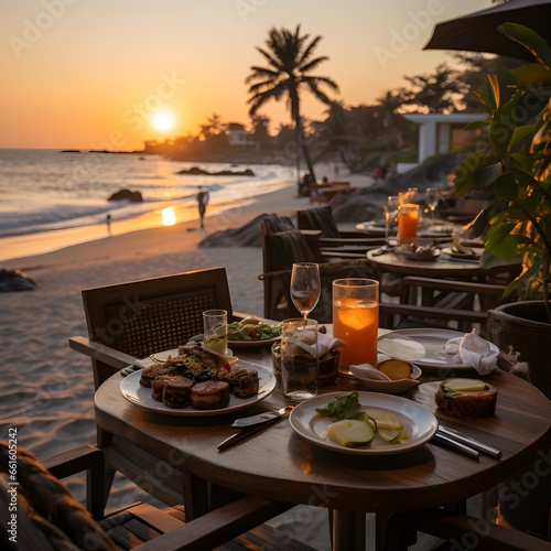 Fototapeta Naklejka Na Ścianę i Meble -  Goi cuon against the background of the beautiful coast of Wietnam at sunset on the restaurant terrace