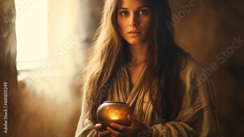 Obraz na płótnie Mary Magdalene with an alabaster jar, Biblical characters, blurred background