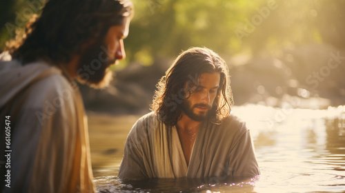 Fotografie, Tablou John the Baptist baptizing Jesus, Biblical characters, blurred background