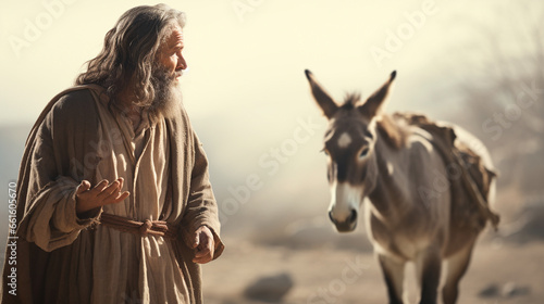 Balaam and the talking donkey, Biblical characters, blurred background photo