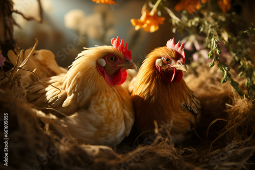 Farm hens on an organic farm sit on eggs