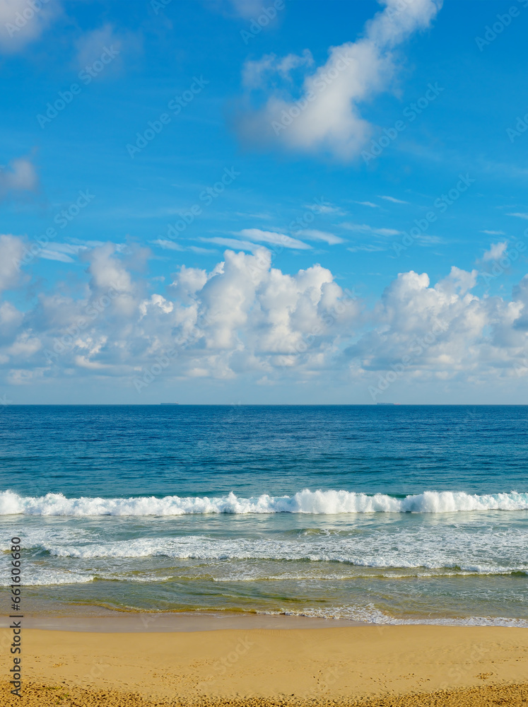 Bright ocean landscape. Sea waves and beautiful sky
