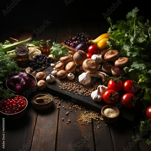 Fresh and Organic Fruit and Vegetable Still Life on Wooden Background