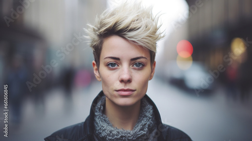 portrait of short hair lesbian or lgbt young woman, stylish hipster female face photo