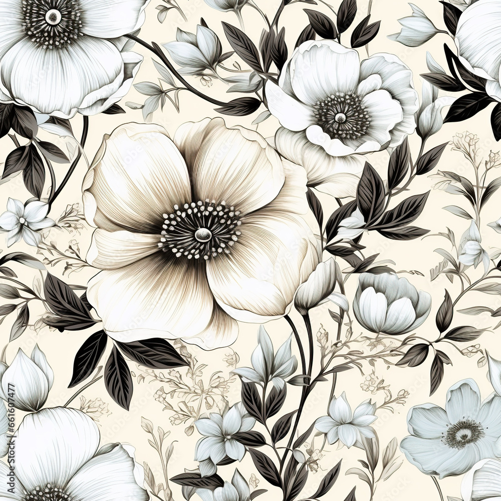 Fototapeta premium Smoky Black Flowers Botanical Watercolor Seamless Pattern For Print 