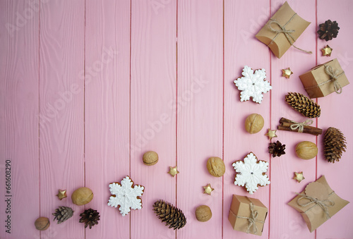 Christmas background. The concept of minimalism. Beautiful flatlay made of natural materials.