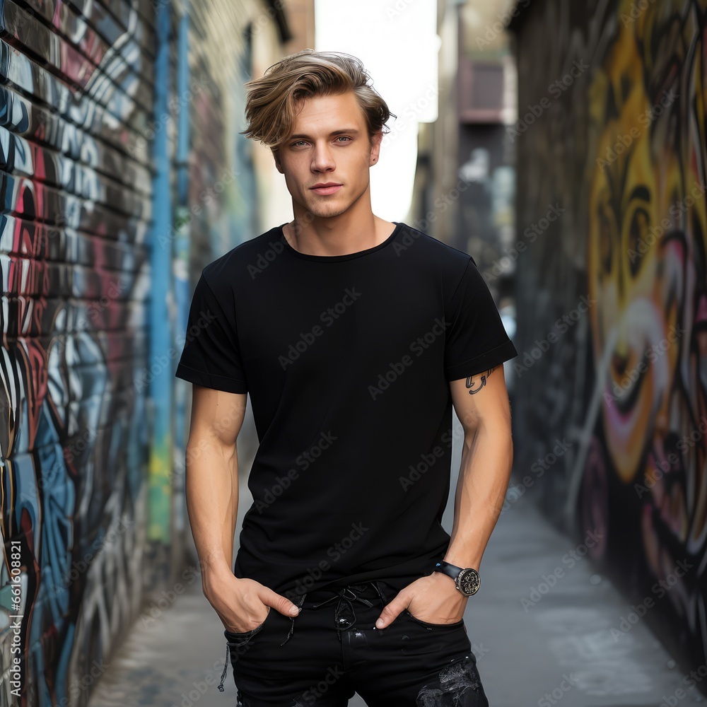A man in a black t-shirt on the background of a city street - generative ai A man in a black t-shirt on the background of a city street - generative ai