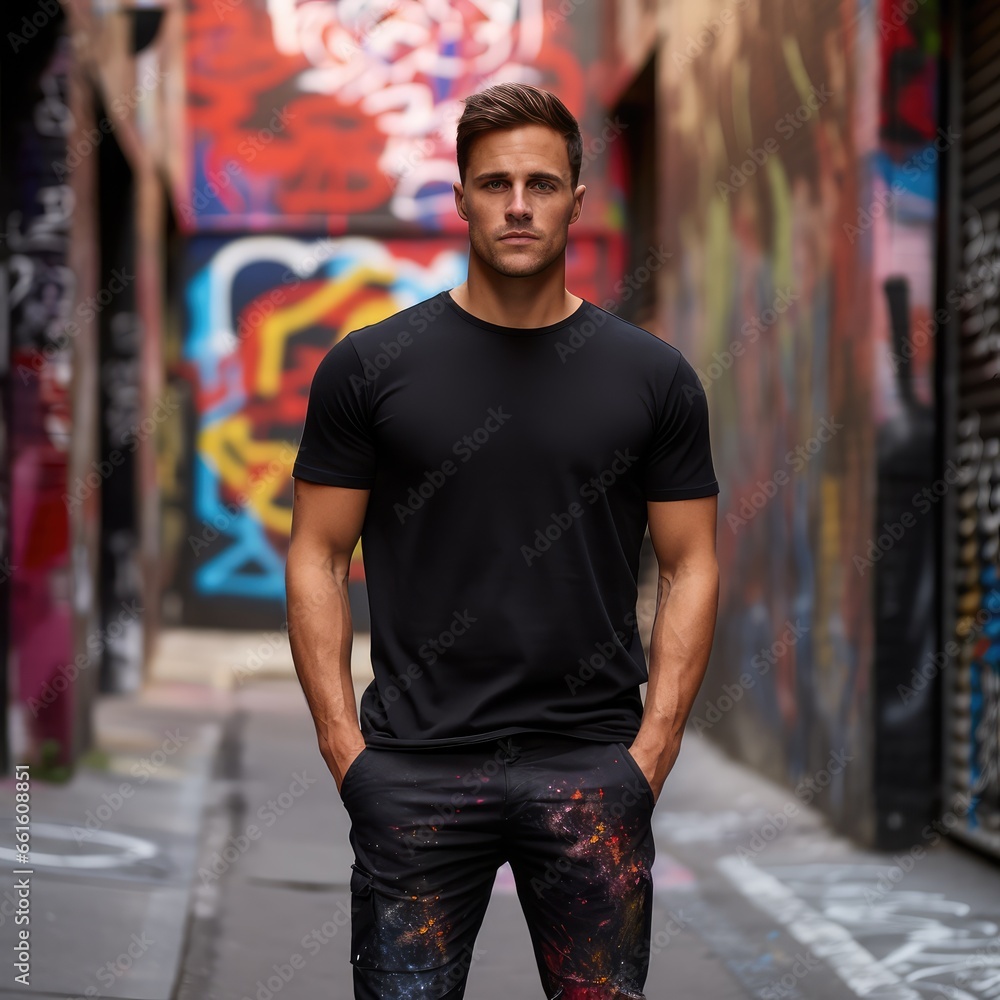A man in a black t-shirt on the background of a city street - generative ai A man in a black t-shirt on the background of a city street - generative ai