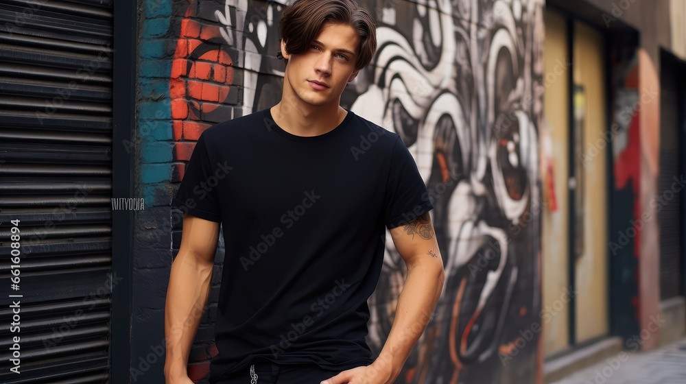 Fototapeta premium A man in a black t-shirt on the background of a city street - generative ai