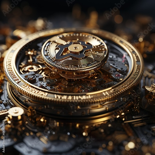 Golden clock checks time, metal gaze keeps watch