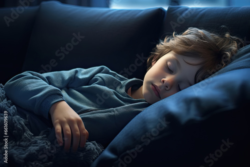 niño con pijama durmiendo en el sofa del salón de su casa tapado con una manta todo en tonos azulados