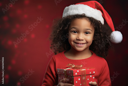 niña con gorro de papa noel sosteniendo un paquete regalo entre sus manos sobre fondo rojo desenfocado photo
