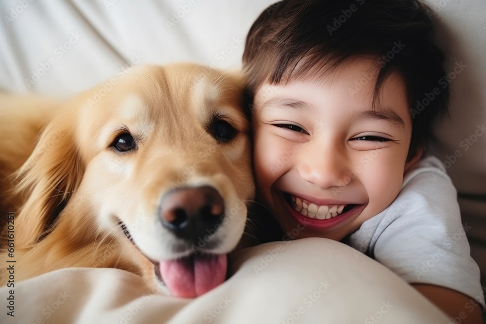 Joyful Child Cuddling Canine Companion on Couch