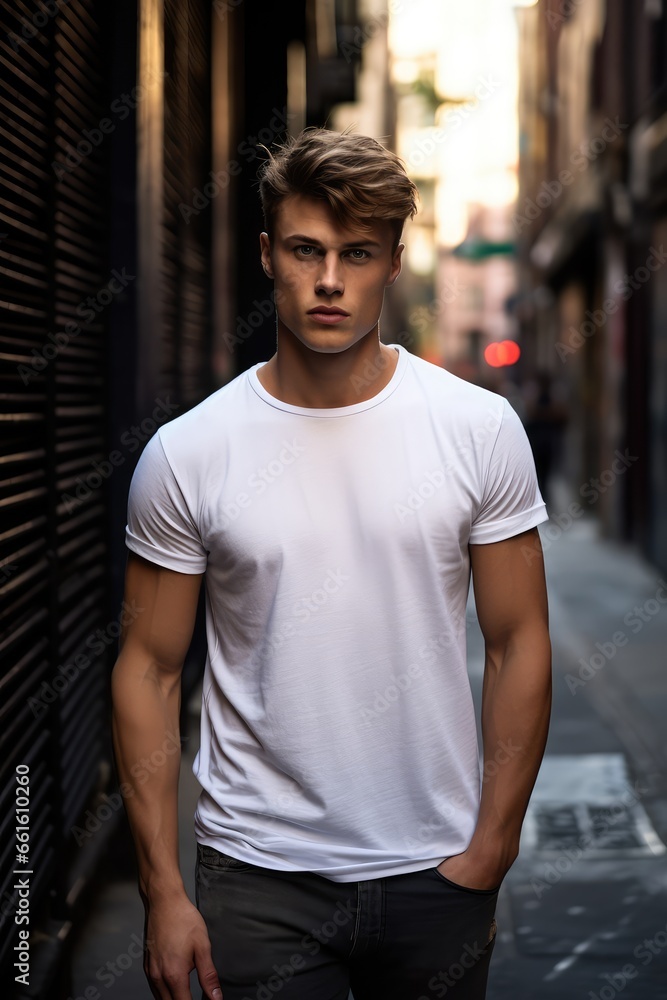 Man in a white T-shirt against the background of the city - generative ai Man in a white T-shirt against the background of the city - generative ai