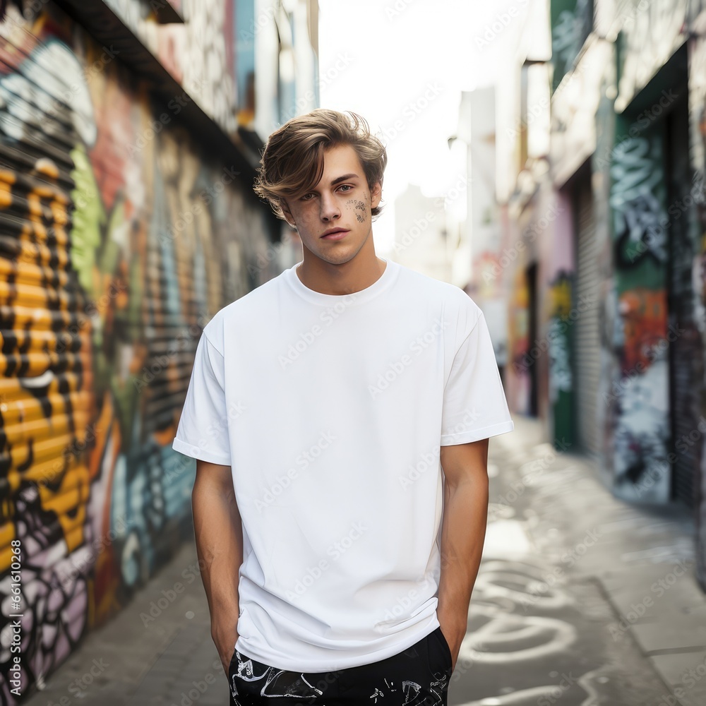 Man in a white T-shirt against the background of the city - generative ai Man in a white T-shirt against the background of the city - generative ai
