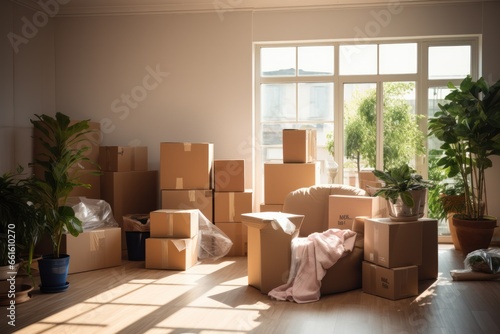 Sunlit room with cardboard boxes and belongings, signaling move day © olga_demina