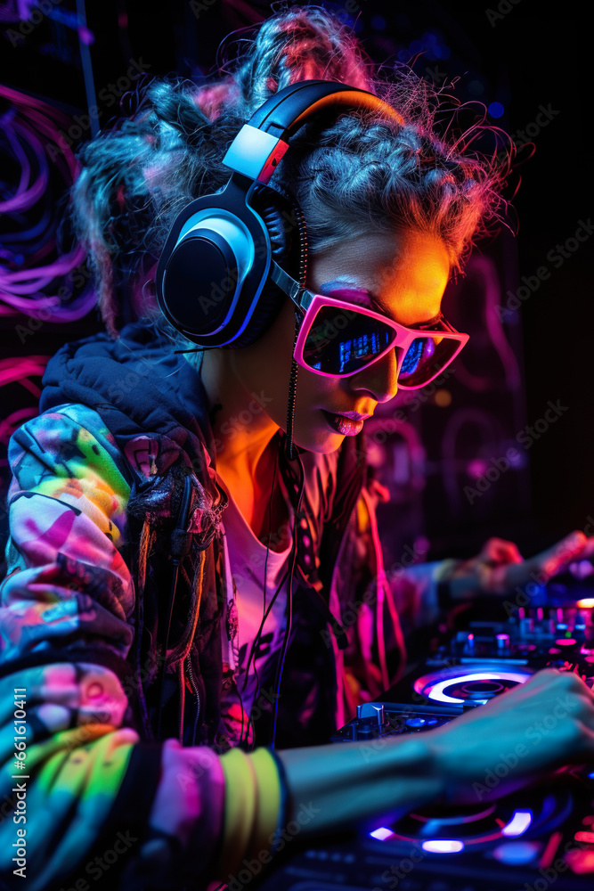 stylish dj girl playing music at techno party by turntables