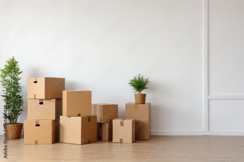 Preparing for a move: stacked boxes and vibrant plant near a pristine wall Preparing for a move: stacked boxes and vibrant plant near a pristine wall
