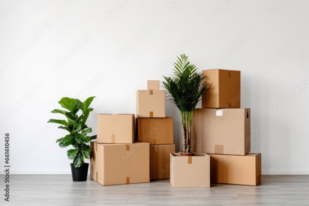Stack of packed boxes and green plant against a clean white wall, signaling relocation