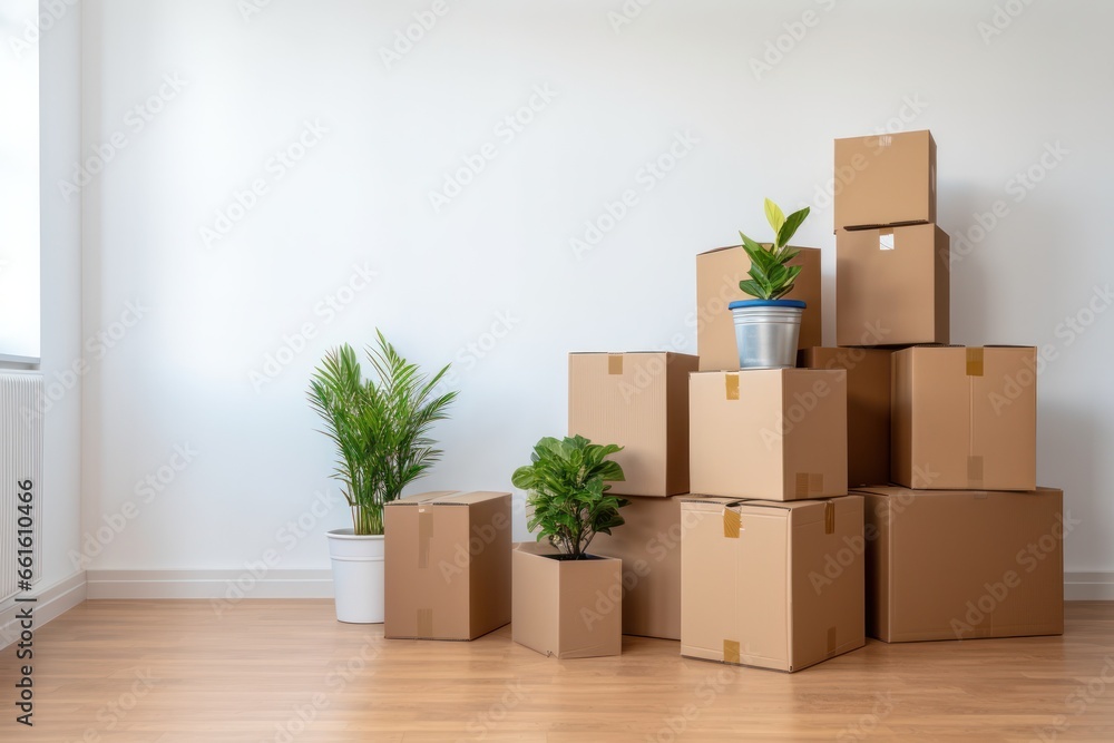 New beginnings signaled by boxed household items in a white spacious lounge New beginnings signaled by boxed household items in a white spacious lounge
