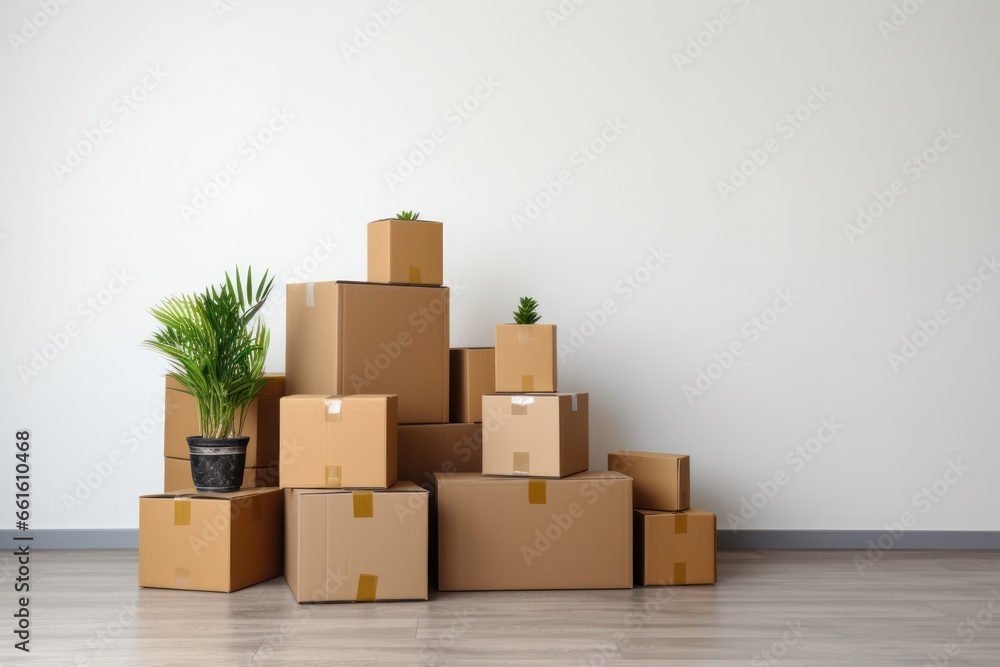 Home transition: stacked boxes and furniture in a minimalist white interior Home transition: stacked boxes and furniture in a minimalist white interior