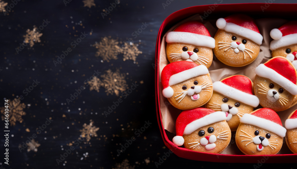 Funny Cat in Red Santa Hat Christmas sugar cookies gift box on festive dark background. Horizontal, top view.